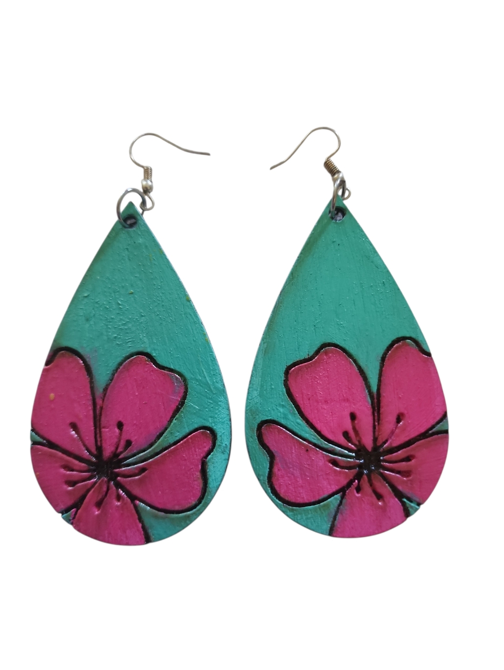 (3)Hand-Painted Teardrop Floral Earrings - Pink On Teal
